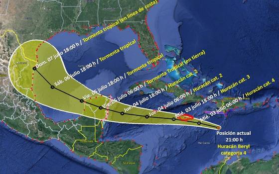 Huracán Beryl se debilita a categoría 3 a su paso por México Huracán Beryl se debilita a categoría 3 a su paso por México