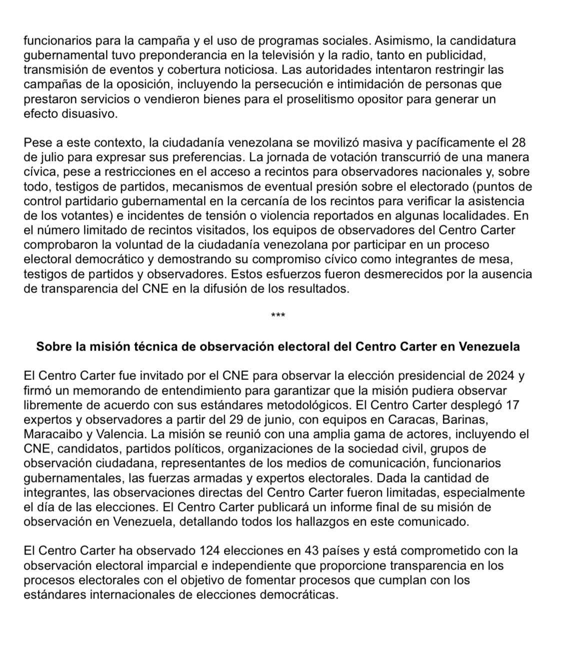 Centro Carter: "Elecciones en Venezuela no pueden considerarse democráticas" centro carter comunicado
