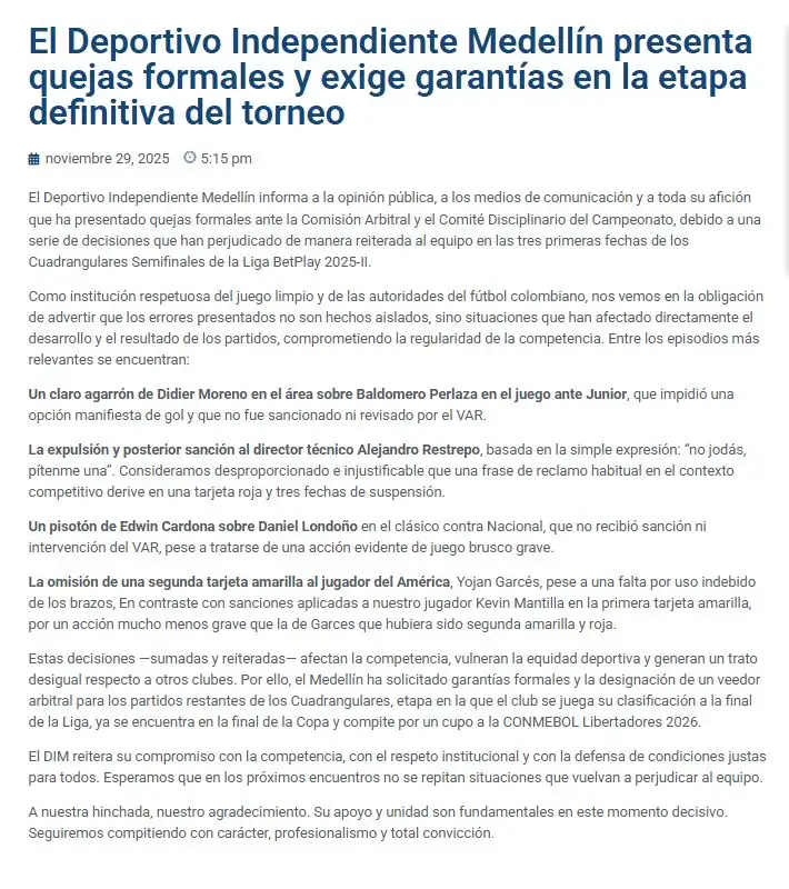 El DIM denuncia formalmente “errores reiterados” y exige garantías arbitrales en cuadrangulares El DIM denuncia formalmente “errores reiterados” y exige garantías arbitrales en cuadrangulares
