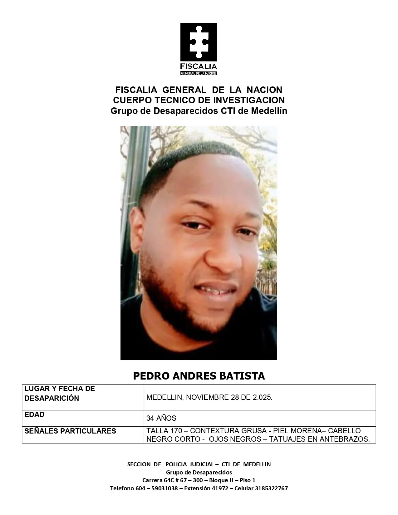 Pedro Andrés tiene tatuajes: se extravió en Medellín y su familia lo busca Pedro Andrés tiene tatuajes: se extravió en Medellín y su familia lo busca