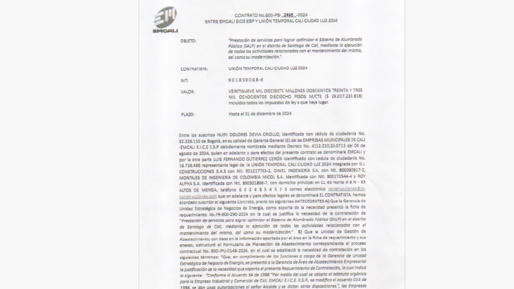 Los contratos del alumbrado público de Cali desde 2024, objeto de investigación de Procuraduría; Emcali explicó sobre aliado que sería de 15 a 20 años