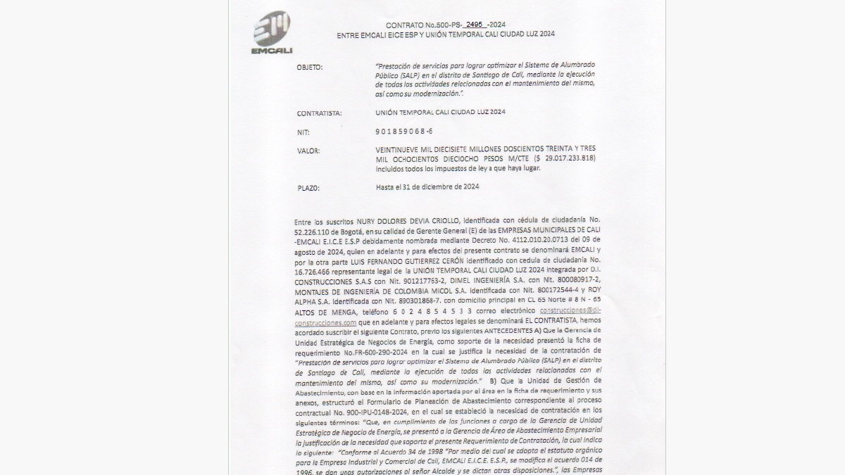 Los contratos del alumbrado público de Cali desde 2024, objeto de investigación de Procuraduría; Emcali explicó sobre aliado que sería de 15 a 20 años