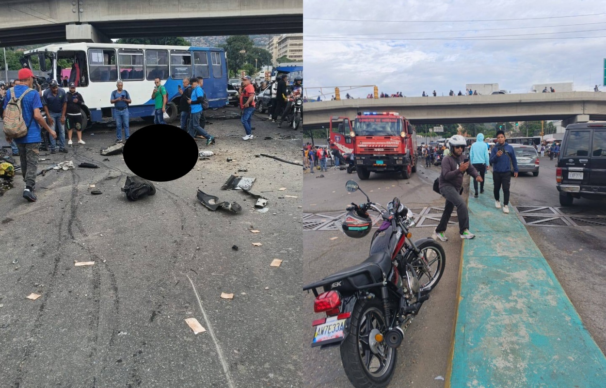 Cierre total de la I-15 cerca de Las Vegas tras choque con 2 muertos Escena de accidente vehicular en una carretera: autobús siniestrado bajo un puente, restos de vehículos esparcidos y camión de bomberos atendiendo la emergencia