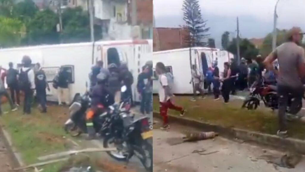Accidente en Medellín: el bus de servicios especiales volcado en el sector de Palos Verdes rodeado de pasajeros y vecinos