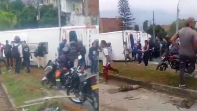 Accidente en Medellín: el bus de servicios especiales volcado en el sector de Palos Verdes rodeado de pasajeros y vecinos