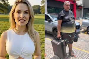 Edimar Rocha Martins con su maleta en Belo Horizonte, junto a una imagen de Jéssica, su novia de inteligencia artificial