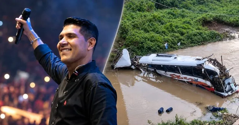 Amputación de Kbeto Zuleta: el cantante con micrófono en un escenario y el bus de su agrupación destrozado en el río Ariguaní