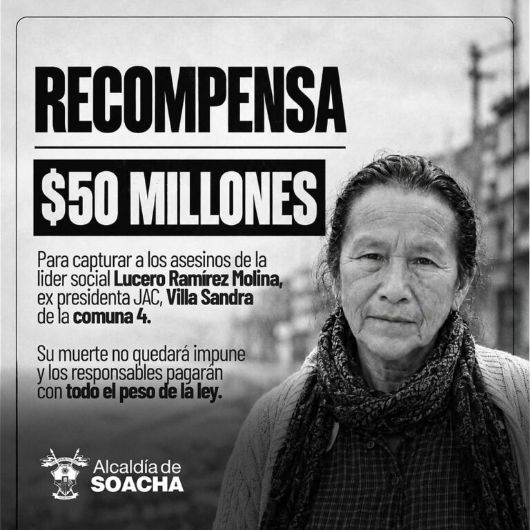 Asesinato de Lucero Ramírez: cartel de la Alcaldía de Soacha con la foto de la lideresa de Villa Sandra y la recompensa de $50 millones