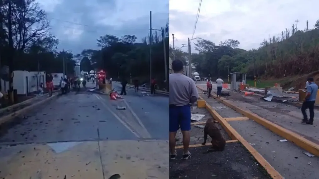 Atentado con motobomba en Cauca: escombros sobre los carriles del peaje El Mango, en la vía Panamericana, tras la explosión de este sábado