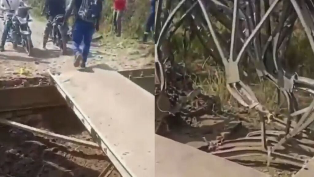 Atentado en Santander de Quilichao: el puente La Teta destruido con explosivos, con vecinos y motocicletas cruzando por una plancha improvisada