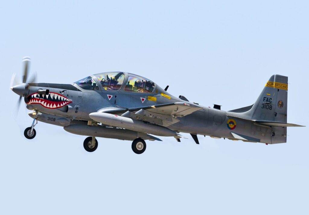 Avión Super Tucano A-29B de la Fuerza Aérea Colombiana, aeronave empleada en el bombardeo contra el ELN en Nariño