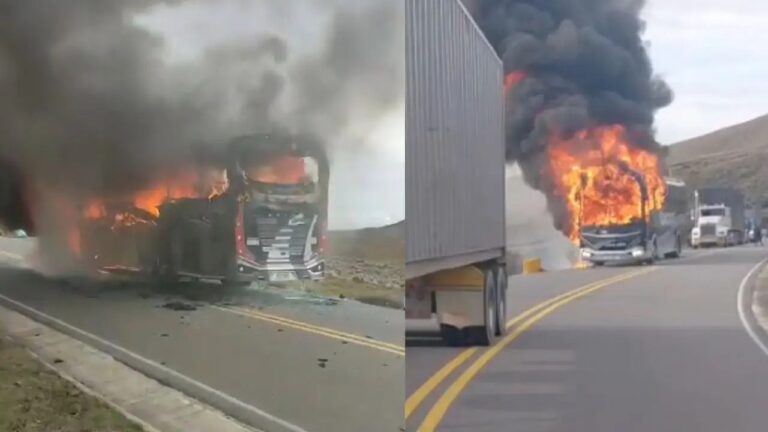 Bus quemado en Santander: el bus de la empresa Concorde envuelto en llamas en la vía del páramo del Almorzadero, entre Cerrito y Chitagá
