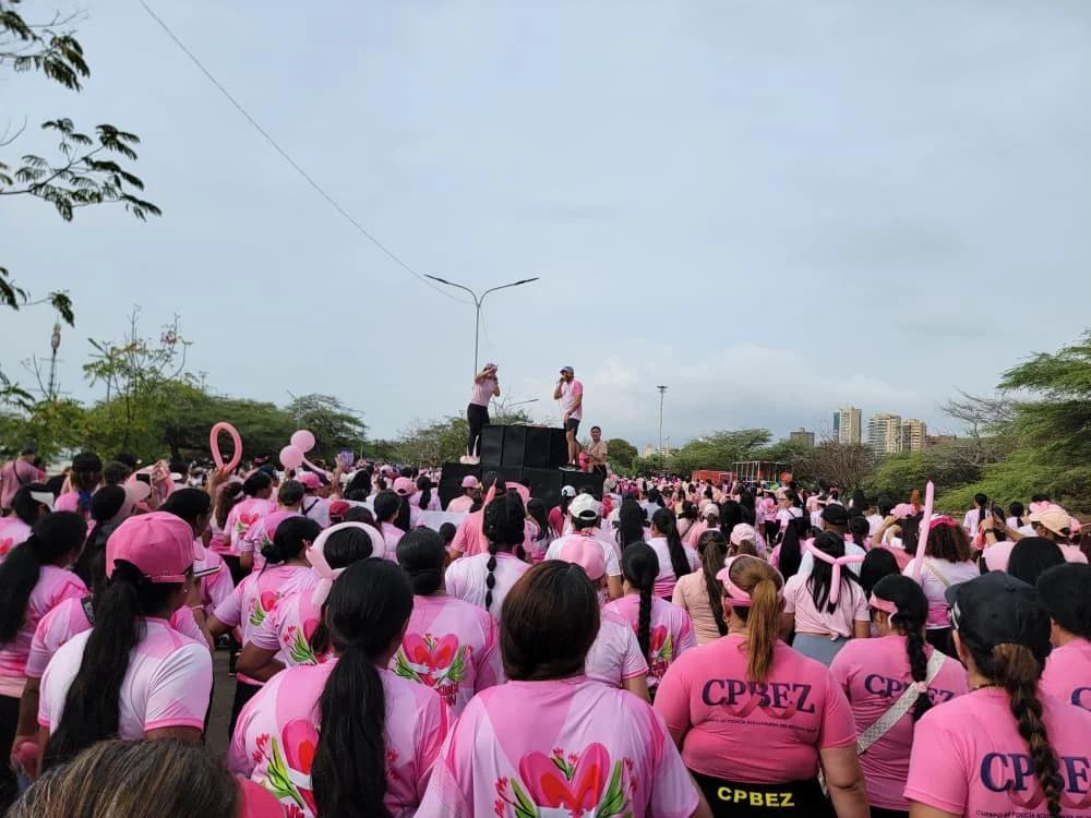 Multitud de participantes de rosa durante la Caminata por la Vida de FAMAC en una avenida de Maracaibo