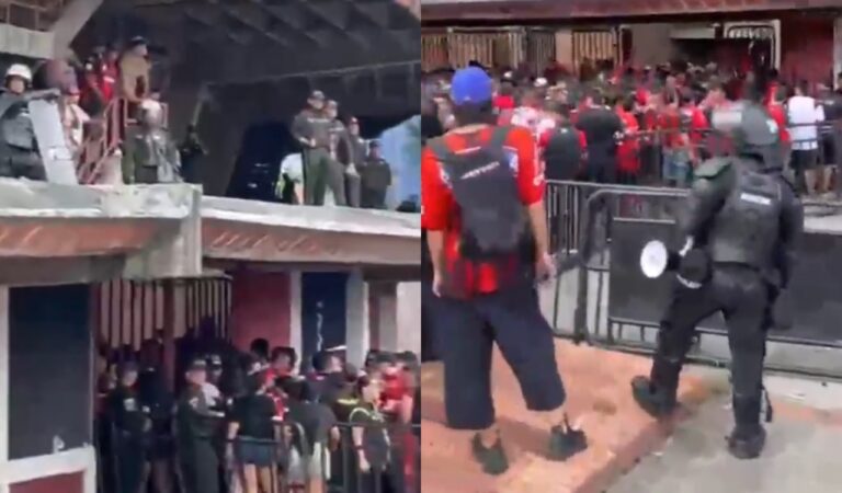 Caos en el General Santander: hinchas desbordan los controles de la tribuna sur mientras agentes antidisturbios intervienen en la previa del Cúcuta vs. Nacional
