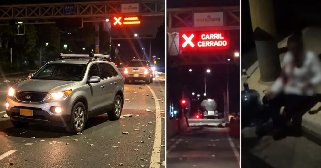 Carro bomba en el peaje San Pedro: escombros sobre la vía, el aviso de carril cerrado y una de las trabajadoras heridas atendida tras la explosión en Casanare