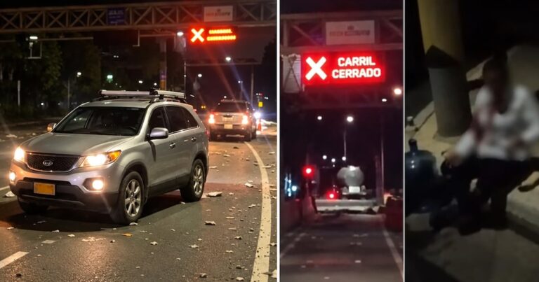 Carro bomba en el peaje San Pedro: escombros sobre la vía, el aviso de carril cerrado y una de las trabajadoras heridas atendida tras la explosión en Casanare