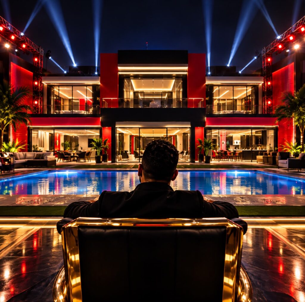 La Casa de Alofoke 3 de noche, con Santiago Matías de espaldas frente a la piscina del reality