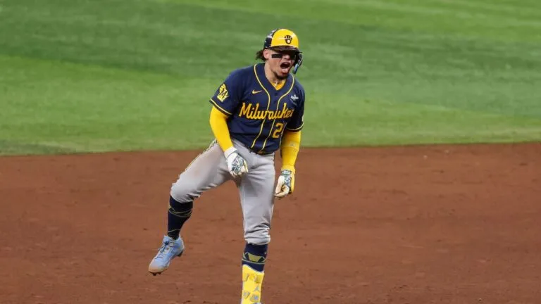 William Contreras celebra el doble productor del Juego 5: Cerveceros campeones de la Serie Mundial 2026