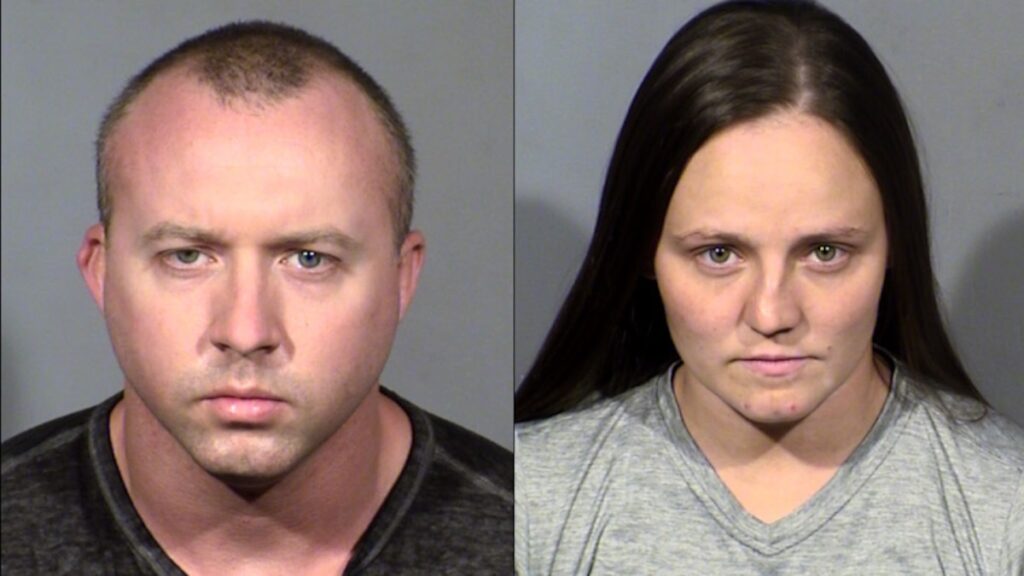 Fotos policiales de Larry Arnold y Nicole Melissa Malmstedt, acusados por el asesinato de Paul Mulkey en el condado de Douglas, Nevada