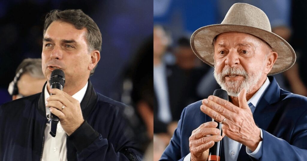 Debate Lula y Flávio Bolsonaro: el senador Flávio Bolsonaro y el presidente Lula, cada uno con un micrófono en actos de campaña
