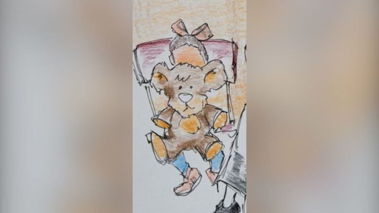Niños migrantes no acompañados: boceto de una niña con su oso de peluche durante una audiencia en una corte de inmigración de Estados Unidos