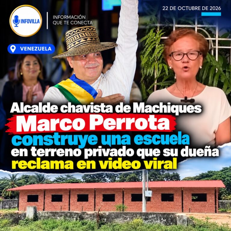 El alcalde de Machiques, Marco Perrotta, junto a la productora Eva Cecilia Romero, quien denuncia la construcción de una escuela en terreno privado en Machiques