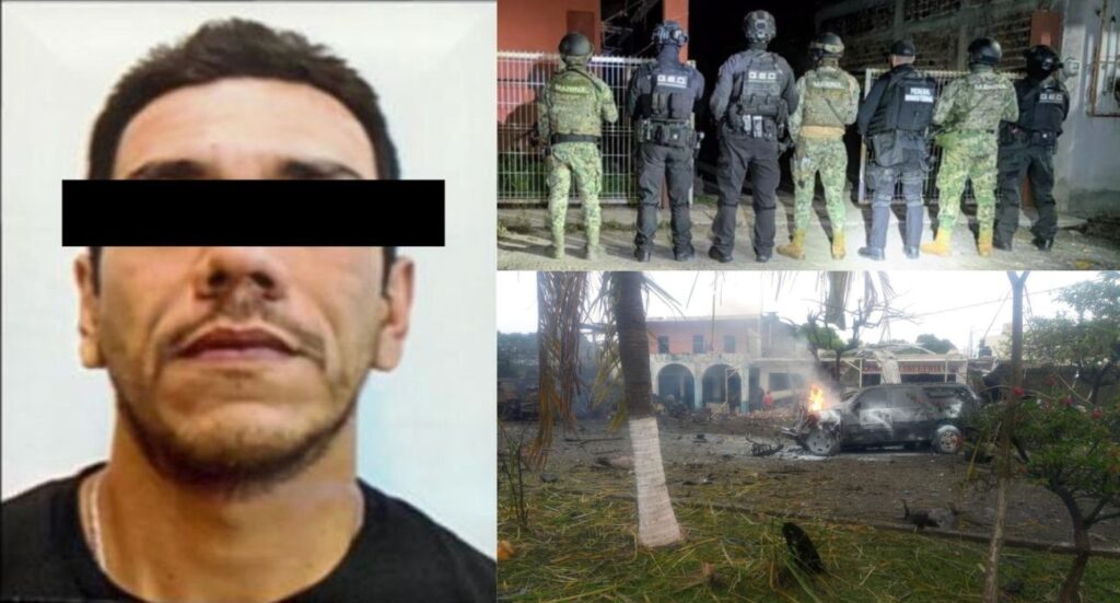 Mando 20 del CJNG, detenido en Tecomán, Colima, junto a imágenes del operativo federal y del vehículo calcinado en Coahuayana
