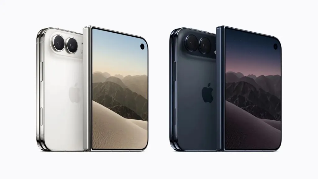 iPhone Duo de Apple en blanco y azul oscuro, imagen oficial de prensa del plegable