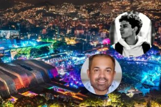 Vista nocturna del festival EDC en Medellín en el Atanasio Girardot, con los retratos de Ismael Méndez y Ajay Bhatnagar, los dos extranjeros que murieron tras el evento