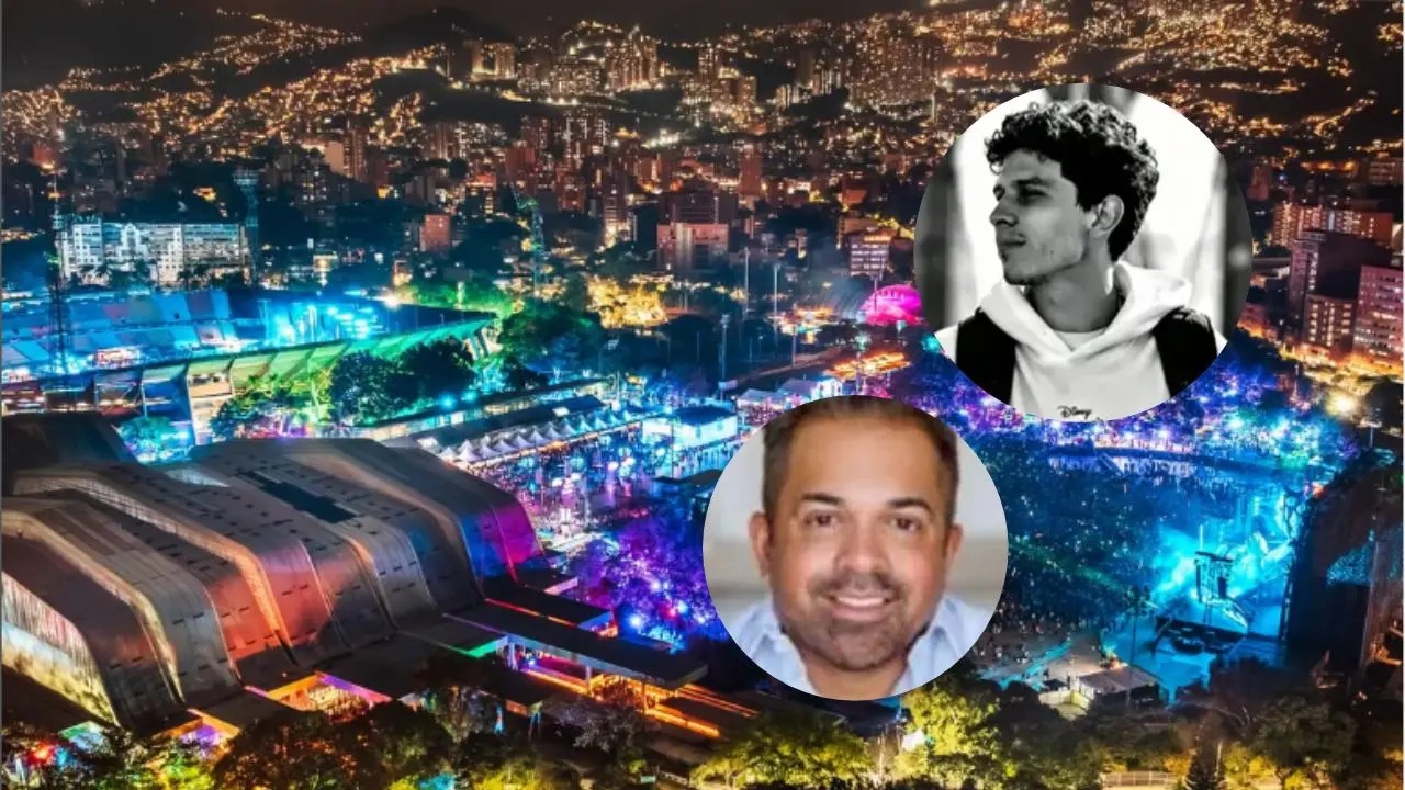 Vista nocturna del festival EDC en Medellín en el Atanasio Girardot, con los retratos de Ismael Méndez y Ajay Bhatnagar, los dos extranjeros que murieron tras el evento