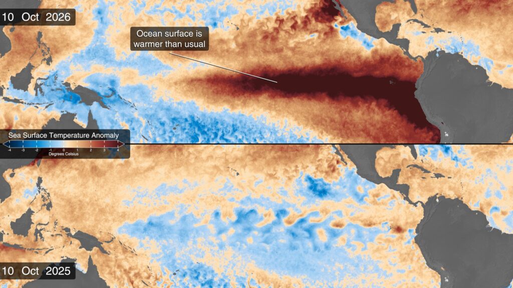Mapa de la NASA de la anomalía de temperatura del océano Pacífico del 10 de octubre de 2026: la franja roja sobre el ecuador muestra el calentamiento de El Niño sin precedentes frente a las costas de Sudamérica
