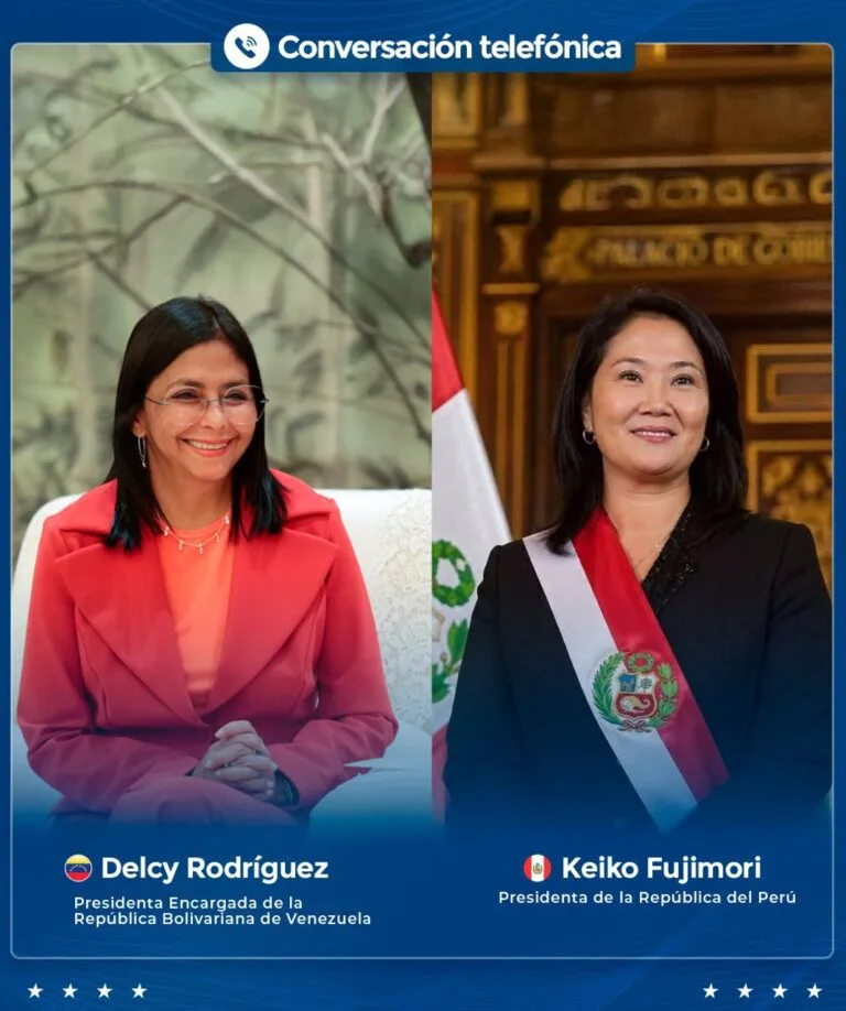 Delcy Rodríguez y Keiko Fujimori en la gráfica oficial de su conversación telefónica sobre el retorno seguro de venezolanos desde Perú