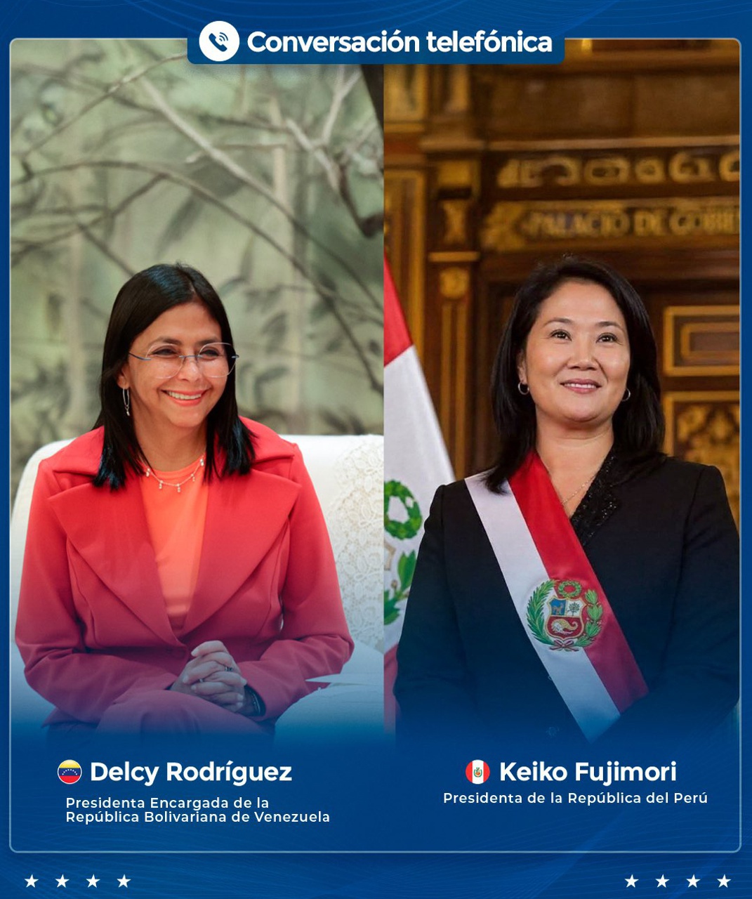 Delcy Rodríguez y Keiko Fujimori en la gráfica oficial de su conversación telefónica sobre el retorno seguro de venezolanos desde Perú