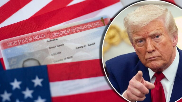 Lotería de visas de Estados Unidos: tarjeta de autorización de empleo sobre la bandera junto al presidente Donald Trump