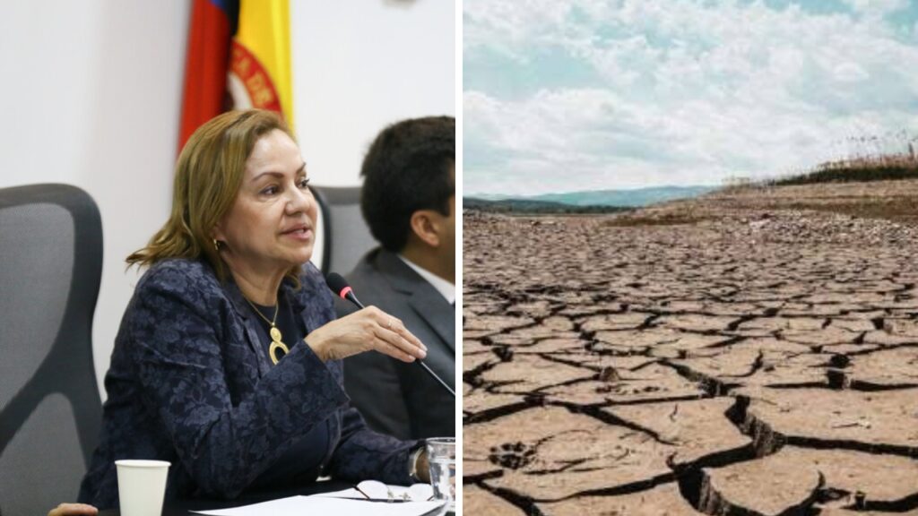 La ministra María Nohemí Arboleda hablando en el Senado sobre el gas en Colombia ante El Niño, junto a tierra agrietada por la sequía