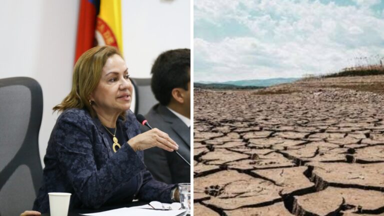 La ministra María Nohemí Arboleda hablando en el Senado sobre el gas en Colombia ante El Niño, junto a tierra agrietada por la sequía