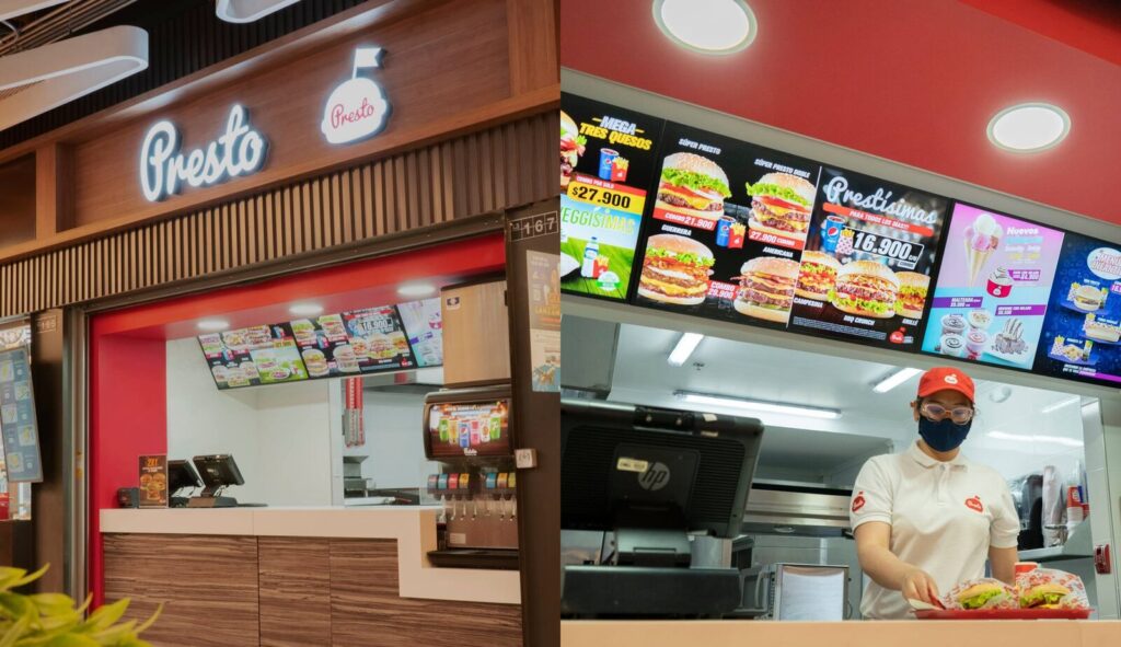 Gilinski compra Presto: interior de un local de la cadena de hamburguesas Presto en un centro comercial de Colombia, con su menú y una empleada en el mostrador