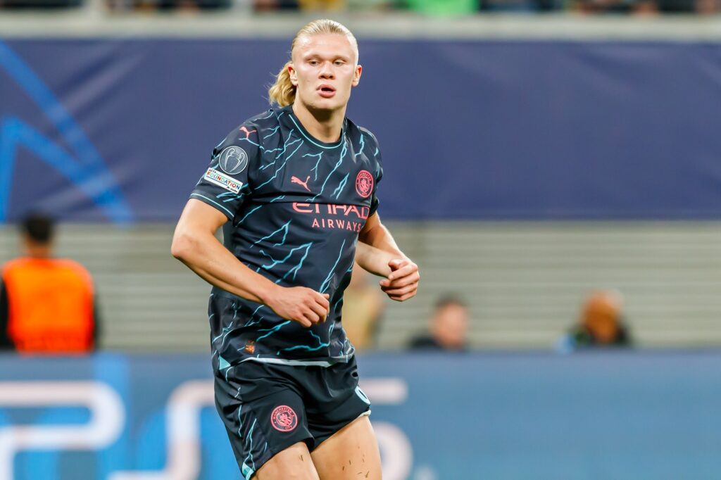Erling Haaland, autor del doblete de Haaland ante el Crystal Palace, con la camiseta del Manchester City en un partido de la Premier League