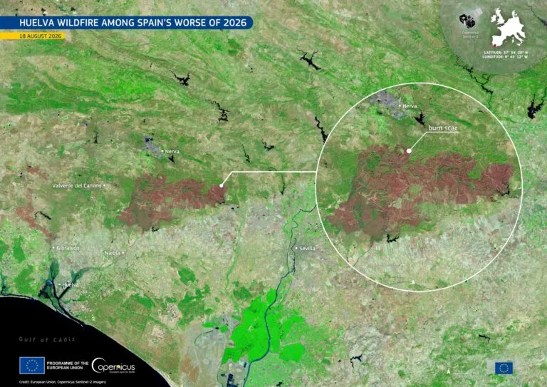Incendios en España: imagen satelital de Copérnico de la cicatriz quemada del incendio de Huelva en 2026