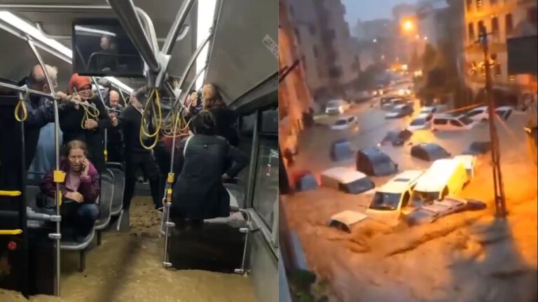 Pasajeros atrapados en un autobús y vehículos sumergidos por las inundaciones en Estambul, Turquía