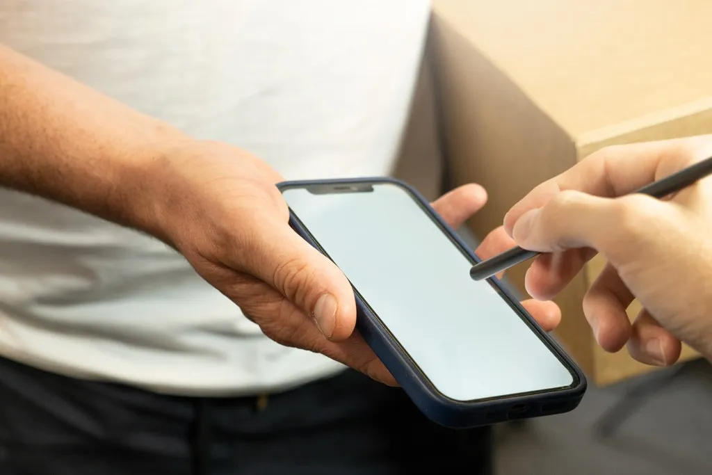 Comprador firmando en su celular la entrega de un paquete de una compra en línea, por el IVA a compras en Temu y Shein del 19 %