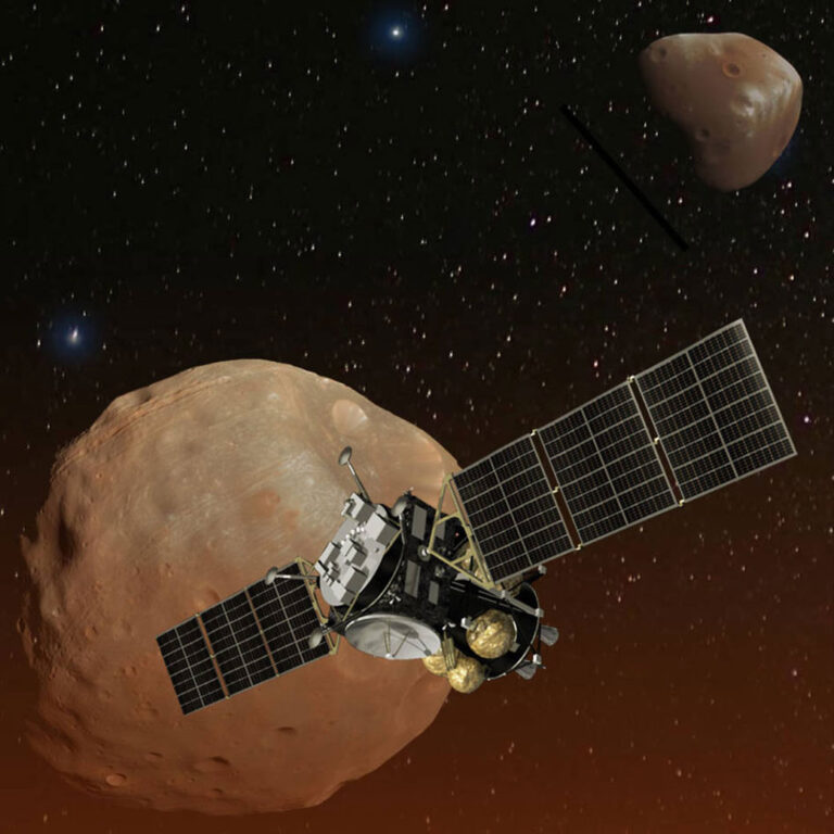 Ilustración de la sonda espacial MMX acercándose a Fobos, la luna más grande de Marte