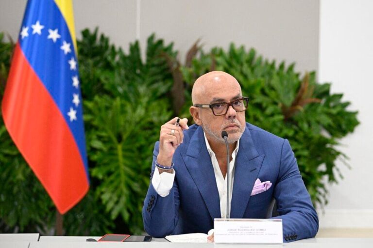 Jorge Rodríguez habla de los recursos del petróleo: el presidente de la Asamblea Nacional, sentado en una mesa con micrófono junto a la bandera de Venezuela