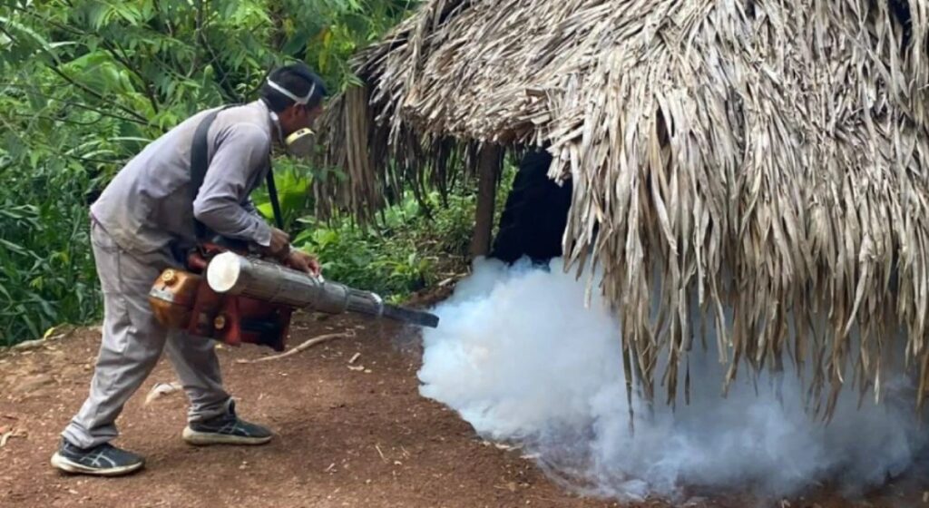 Trabajador sanitario fumiga una vivienda de techo de palma durante la jornada de salud en Machiques de Perijá, en la cuenca del Tokuko