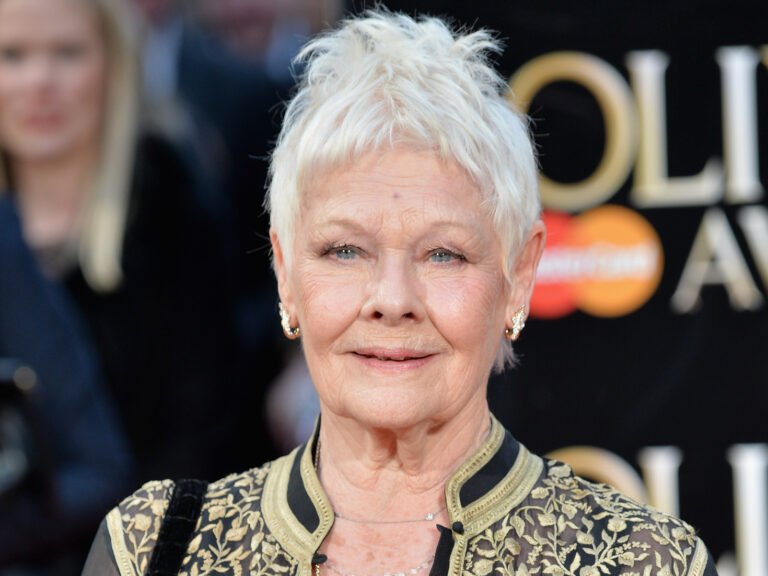 Judi Dench sonríe en una alfombra roja con un vestido negro de bordados dorados