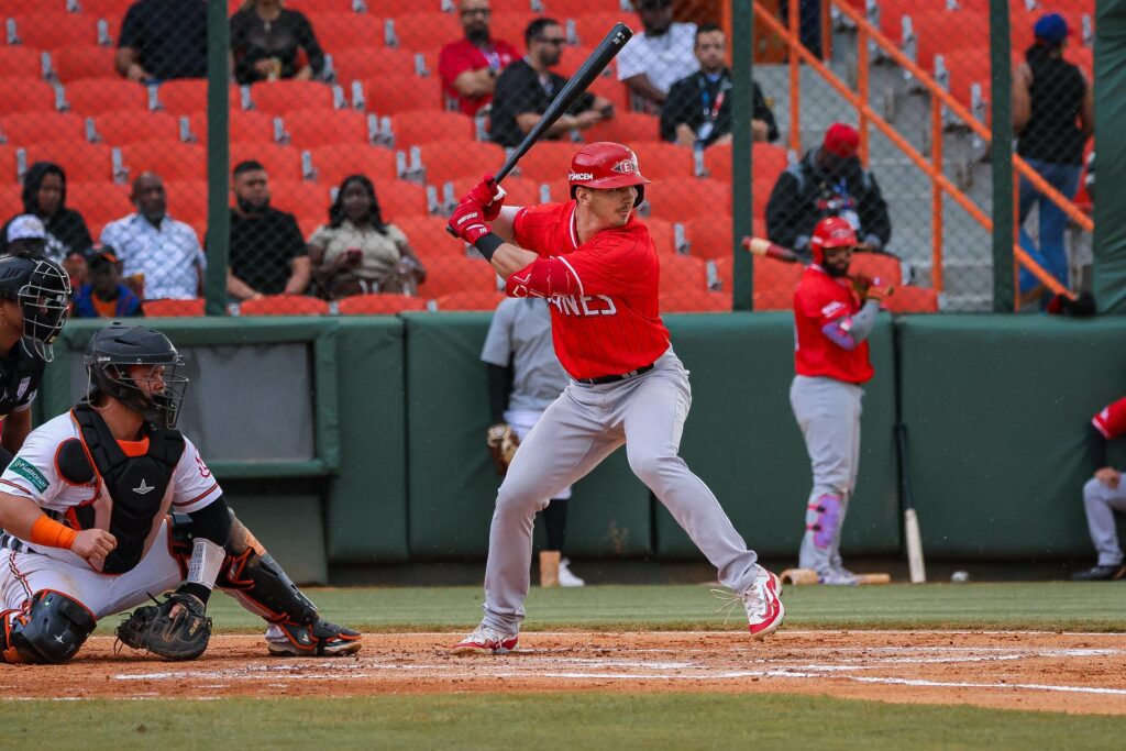 Jason Schiavone, de los Leones del Escogido, batea ante el receptor de los Toros del Este en el estadio Francisco A. Micheli de La Romana
