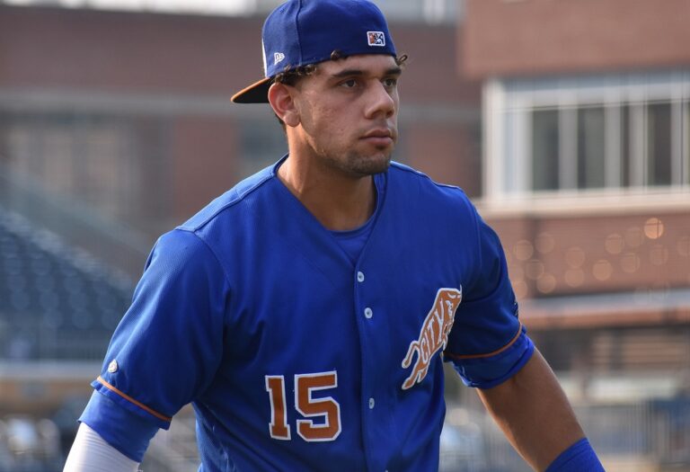 René Pinto jonrones en Maracaibo: el receptor de los Tigres de Aragua, con el uniforme azul y el número 15 en su etapa en las menores de los Rays