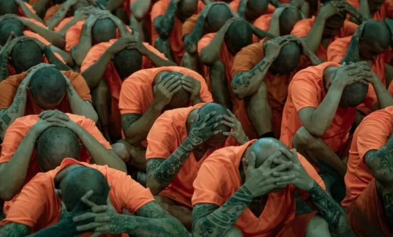 Presos rapados con uniformes naranja durante su traslado a la megacárcel de Costa Rica