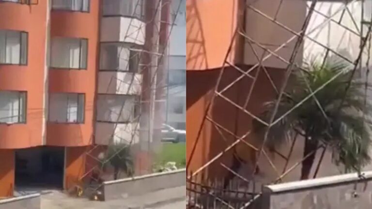 Edificio del barrio Palermo donde dos obreros electrocutados en Manizales pintaban la fachada; a la derecha, el andamio metálico desplomado tras tocar los cables de alta tensión
