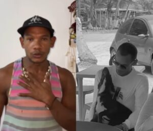 Perro Chipi en Cuyagua: a un lado, el conductor en su video de disculpas; al otro, José Daniel sostiene a su perro Chipi en la playa